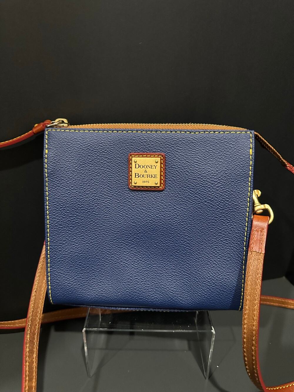 Dooney & Bourke Navy Blue Pebbled Leather Small Crossbody Bag Tan Trim